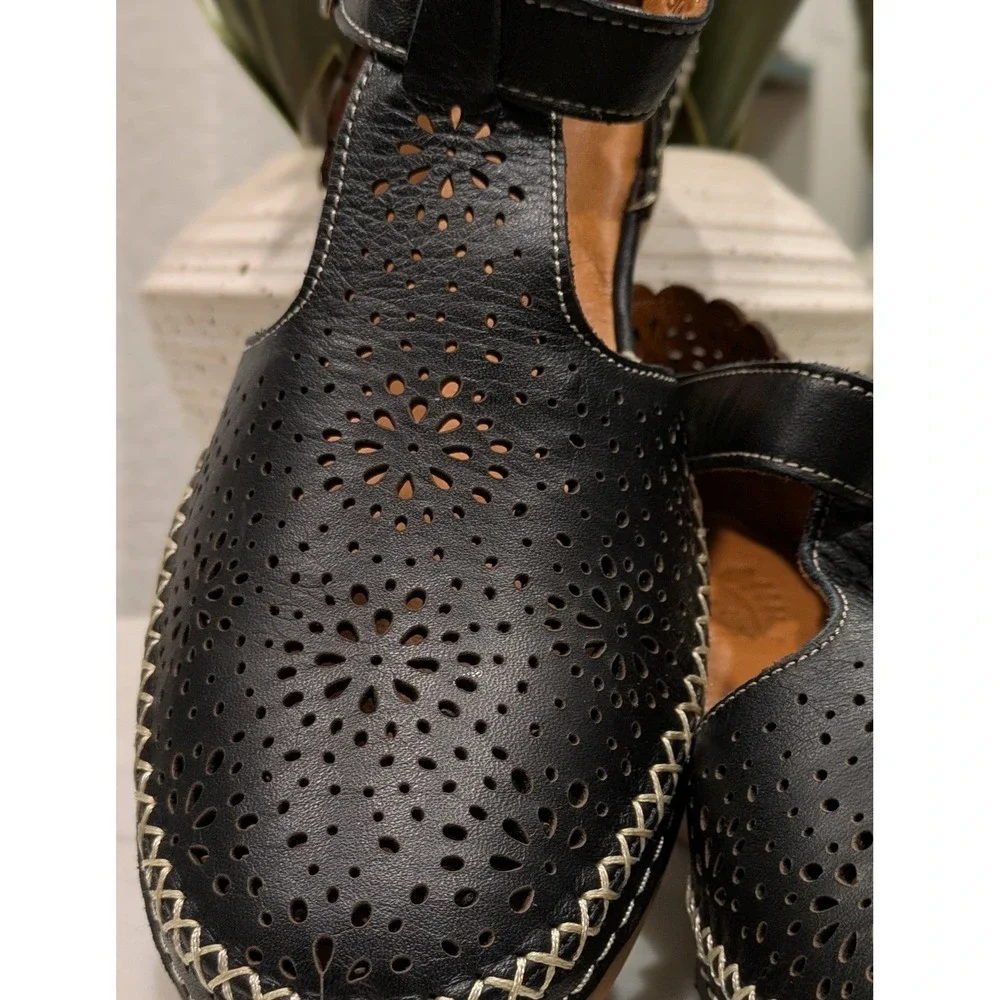 Spring Step Patrizia Airy Wedge Leather T-Strap Flats Black Laser Cut Comfort